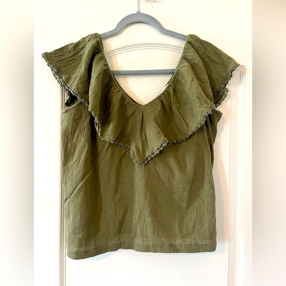 LOFT Olive Ruffle Blouse Cotton Womens Size XS - Picture 1 of 11